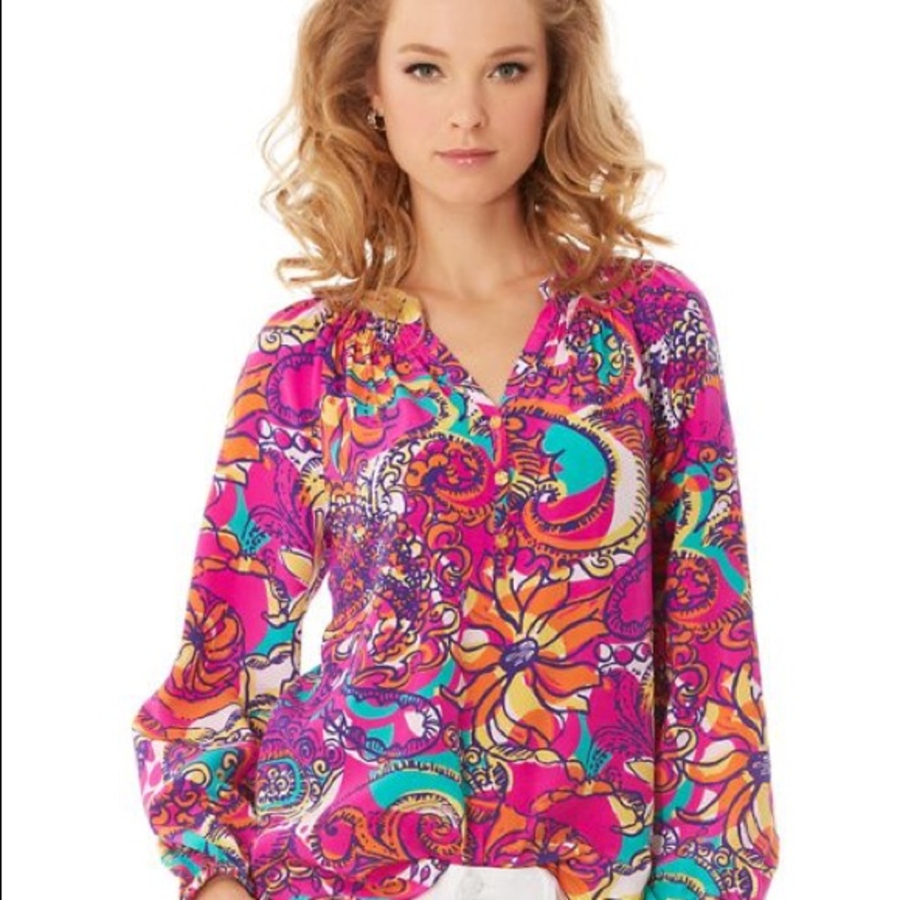 Lilly Pulitzer Silk Elsa Top in Sea and Be Seen, size Small